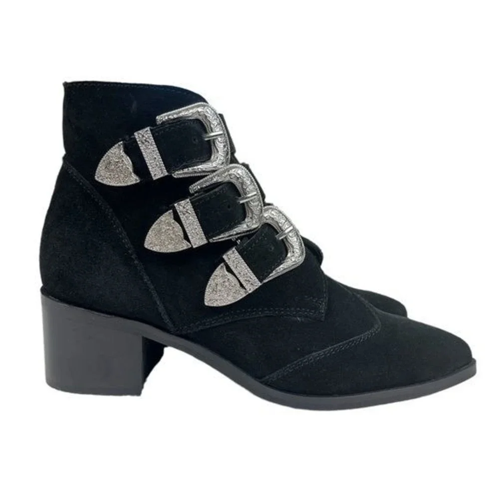 ASOS Boots Womens Size 6‎ Three Bucke Black Faux Suede Side Zip Ankle Bootie